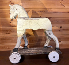 50cm Tall Rustic White Wooden Horse on Wheels Country House Distressed Finish