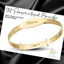 Children's Personalised 9ct Gold Bangle Flower and Heart Pattern Bracelet Gift