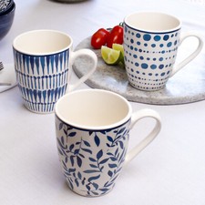 Mediterranean Mugs 330ml Set Of 6 Blue And White Patterned Ceramic Coffee Cups