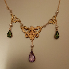 Vintage  Edwardian/Art Nouveau Style Suffragette Colours & Real Pearl Necklace