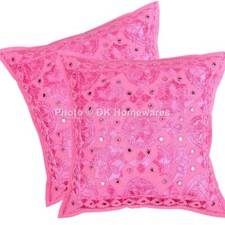 Cotton Throw Pillow Covers Mirrored Indian Embroidered Set Of 2 Boho Pillowcase