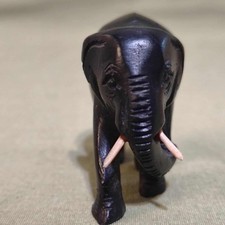 Vintage Hand Carved Black Ebony Wooden Miniature Tusked Elephant Made in Kenya