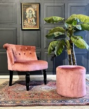Vintage Antique Style Pink Occasional Club Buttoned Tub Chair With Footstool