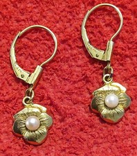 Vintage K&L 14CT Rolled Gold Drop Earrings - Flower Design With Seed/Faux Pearl