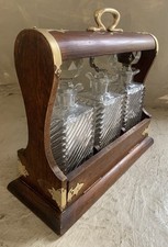 Antique Oak Brass Three Bottle Tantalus  Decanter Set