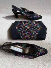 gina black embroidered designer slingback shoes size 5 with matching handbag