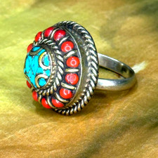 Ancient Victorian Silver Gypsy Ring Stunning Natural Turquoise Stones