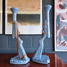 Pair of Hand-Carved XL Wooden Shotgun Candle Holders Blue Rustic Farmhouse Decor