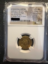 Justinian I AD 527-565 BYZANTINE EMPIRE AV Solidus NGC Ch AU 4/5