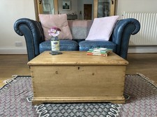 Old Antique Pine Chest, Small Wooden Storage Trunk, Blanket Box, Coffee Table.
