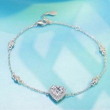 Beautiful Crystal Heart Charm Bracelet 925 Sterling Silver Women Girls Jewellery