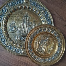 2 x Vintage Brass Wall Plaque Plates Decorative ~ Sailing Ships and Welsh Woman