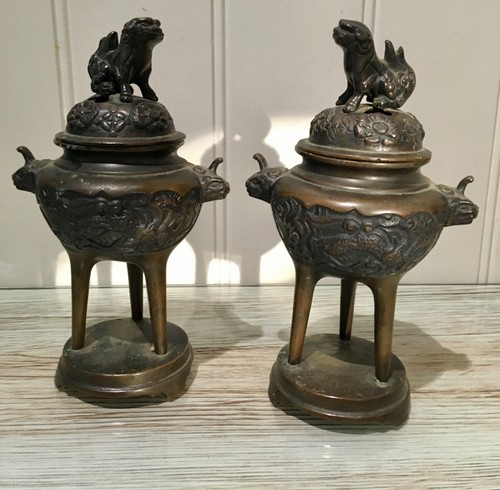 Antique pair bronze censers - pair,