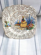 1940'S  LADY IN A GARDEN ON GOLD PAINTED PLATE-MY GRANDMOTHERS-XMAS GIFT-BUY NOW
