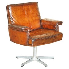 RESTORED MID CENTURY DE SEDE DS35 EXECUTIVE SWIVEL CAPTAINS CHAIR BROWN LEATHER