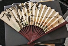Vintage Oriental Folding Fan – Hand Painted Bamboo & Calligraphy