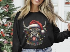 Highland Cow Christmas Sweatshirt Funny Santa Hat Lights Gildan Heavy Blend