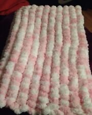 Hand knitted pink and white Pom pom blanket approx 22inch x 32 inch brand new