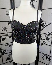 New Black Colourful Studded Diamante Corset Bustier Top M 90s Selena Style Sexy