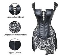 Lady Steampunk Faux Leather Lace Up Corset Dress Boned Basques Sexy Lingerie UK