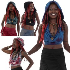 Backless Cowl Neck Hooded Crop Top, Psy Trance Festival Clothes, Rave Top