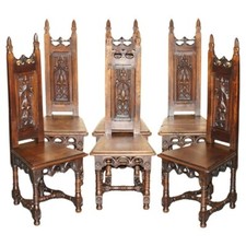 SIX ORIGINAL VICTORIAN CIRCA 1880 STEEPLE BACK GOTHIC ARCH OAK DINING CHAIRS 6