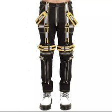 Men's Gothic Jeans Cyber Chain Thread Punk Bondage Goth Pant Metal Stud Trousers