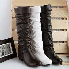 2025 Womens Knee High Boots Causal Low Heel Shoes Riding Biker Long Boots Size