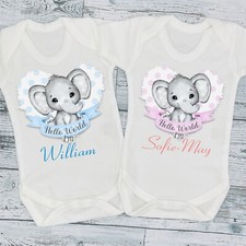 Hello World Elephant Personalised Baby Grow Romper Vest New Baby Hospital Bag