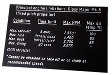 de Havilland Chipmunk Gipsy Major Mk.8 Engine Limitations Placard, Plastic