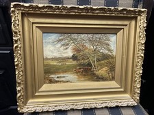 Beautiful Antique Oil Painting Rural Setting Landscape On Board Gilt Frame 19th