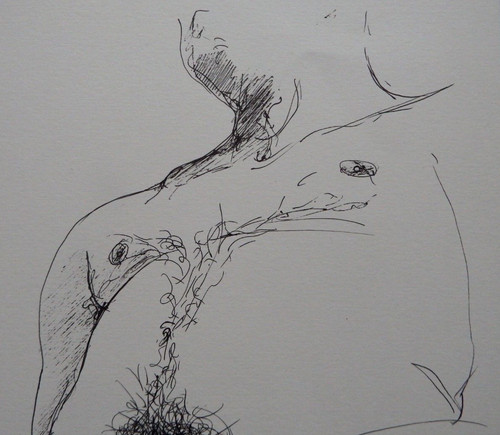 Ink drawing male nude standing - drawing,
