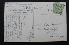 Narberth, Wales 1907 postmark on a Cardiff postcard to Miss. Ada Marshall, The H