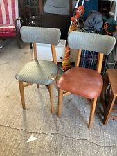 Vintage 1950's Brown Wood Kitchen Dining Chairs x 2 Grey & Red Vinyl Seat & Back
