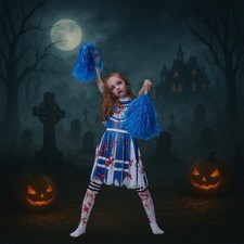 Girls Zombie Cheerleader Halloween Costume Fancy Dress Outfit Trick or Treat