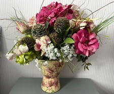 Stunning large arrangement of silk flowers to include the distressed lily vase