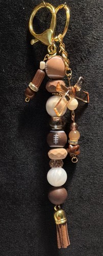 Brown gold white beaded tassel - white,