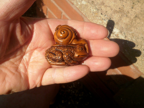 Hand carved wood netsuke toad - netsuke,