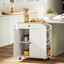 Rolling Kitchen Island, Storage Trolley with 3-Tier Spice Rack, White