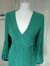 H&M Green Plisse/Pleated Ballon Sleeve Long Wrap Dress/S