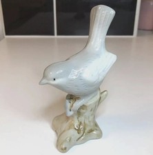 Vintage Bird Figurine, Ornament, Porcelain Grey and Blue Pastel Sparrow Branch