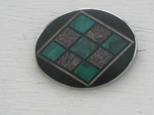 antique Scottish agate mosaic & silver brooch Malachite & fossil agate.