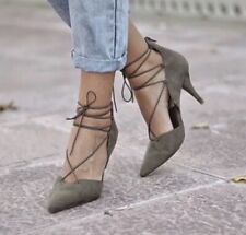 ZARA KHAKI GREEN SUEDE LACE UP MID HEELS SHOES VAMP POINT UK4 EU37