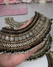 Pakistani Indian Ethnic Traditional Anklets Paazeb In Black Beads & Rhinestones