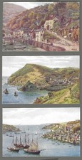 Vintage artist signed postcards x 3 A.R.QUINTON Fowey, Lynmouth, Polperro.
