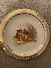 Vintage Kitten And Puppy China Plate ornate Gold Edge 23cm wide