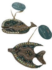 Seaside Holiday Coastal Beaded Ornaments - Large Set of 2 - Whale & Fish