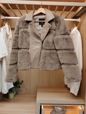 RIVER ISLAND COAT JACKET UK 10 MINK PU FAUX FUR BUBBLE BIKER ZIP CROPPED WOMENS