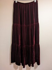 Laura Ashley Vintage Wine Red Velvet Tiered Skirt Maxi Silk Blend Waist 27"