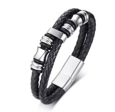 Men's Stainless Steel Leather Bracelet Magnetic Clasp Bangle Black